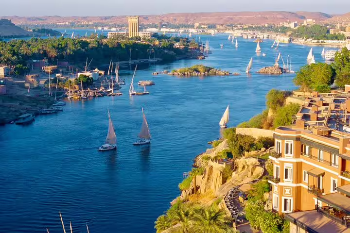 Nile River in Cairo with felucca sailboats, scenic view on Giza and Cairo day tour by plane from Sharm El Sheikh