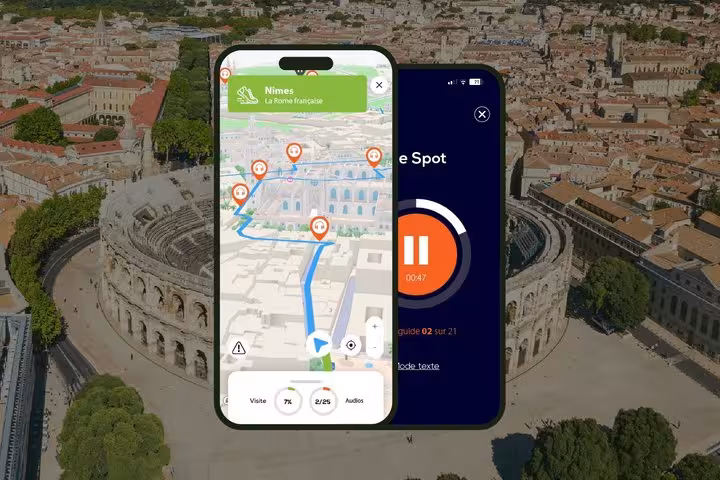 Nimes self-guided walking tour app showing GPS map and audio guide on smartphone with Roman amphitheater aerial view
