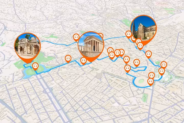 GPS audio tour map of Nimes showing route with stops at Roman ruins, Maison Carrée, and cathedral