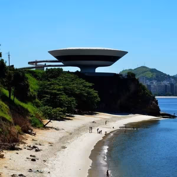 Stunning beachside view of the futuristic Niterói Contemporary Art Museum, a must-see on the Niterói City Private Tour.