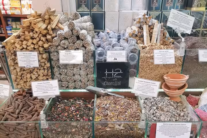 Noailles Exotic Market stall in Marseille with incense, charcoal, and spices on the Cours Julien tour