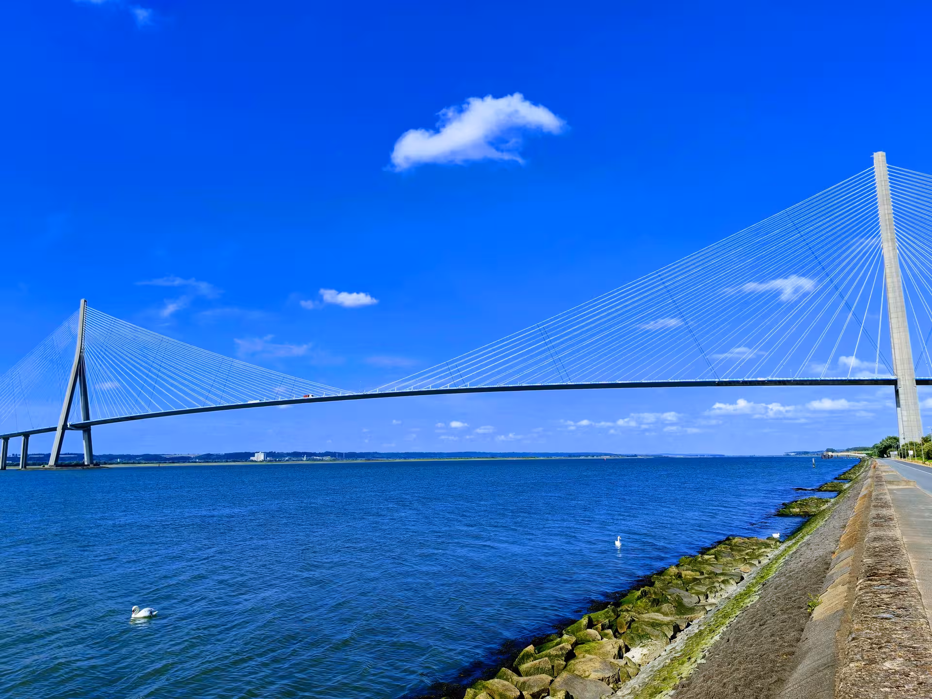 Normandy Bridge over the Seine estuary near Honfleur, panoramic viewpoint on a guided electric bike tour