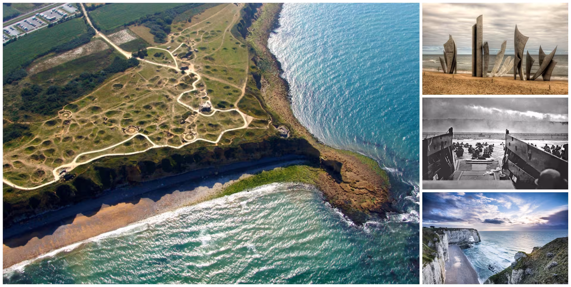 Aerial view of Normandy D-Day landing beaches and cliffs with memorials, ideal for private luxury minivan tour