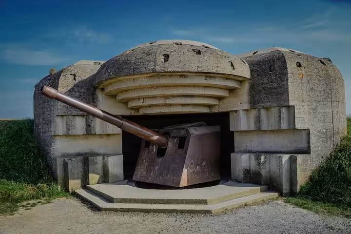 WWII German artillery gun bunker at Normandy D-Day beaches, concrete fortification on the Atlantic Wall