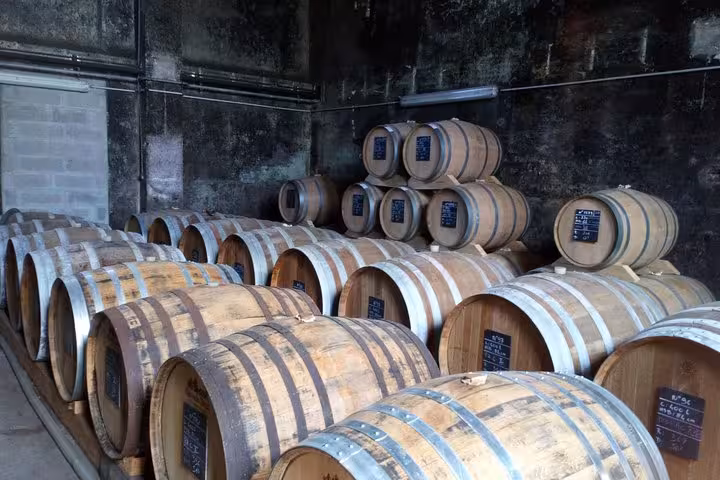 Oak aging barrels stacked in a Normandy cellar during a private food and cheese tour from Bayeux