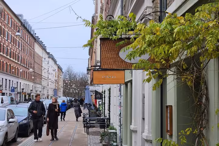 Scenic Copenhagen street lined with shops and greenery, showcasing the vibrant local lifestyle on a walking tour.