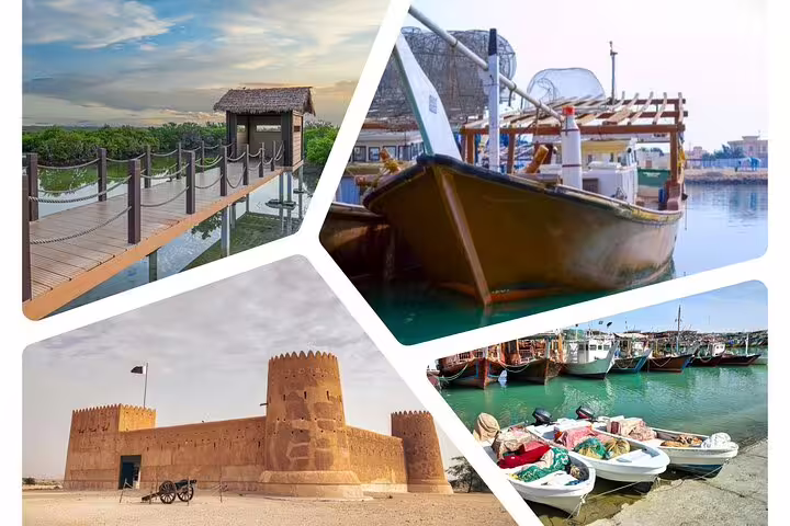 Discover Qatar's Al Zubarah, Purple Island, and Mangroves in a collage highlighting scenic and cultural tour attractions.