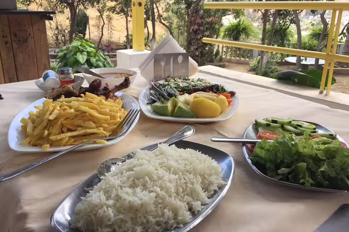 Delicious spread of local cuisine with fries, rice, and salad, showcasing culinary delights on the northeast coast tour.