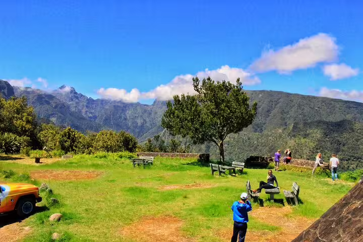 Tourists enjoy panoramic mountain views and lush greenery during a full-day guided tour of Northeast Madeira's natural beauty.