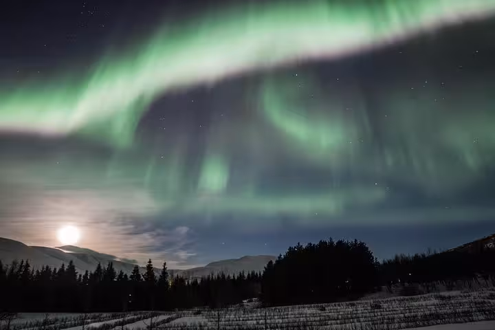 Stunning Northern Lights illuminate the sky over snowy forests and mountains near Akureyri, Iceland, with a glowing moon.