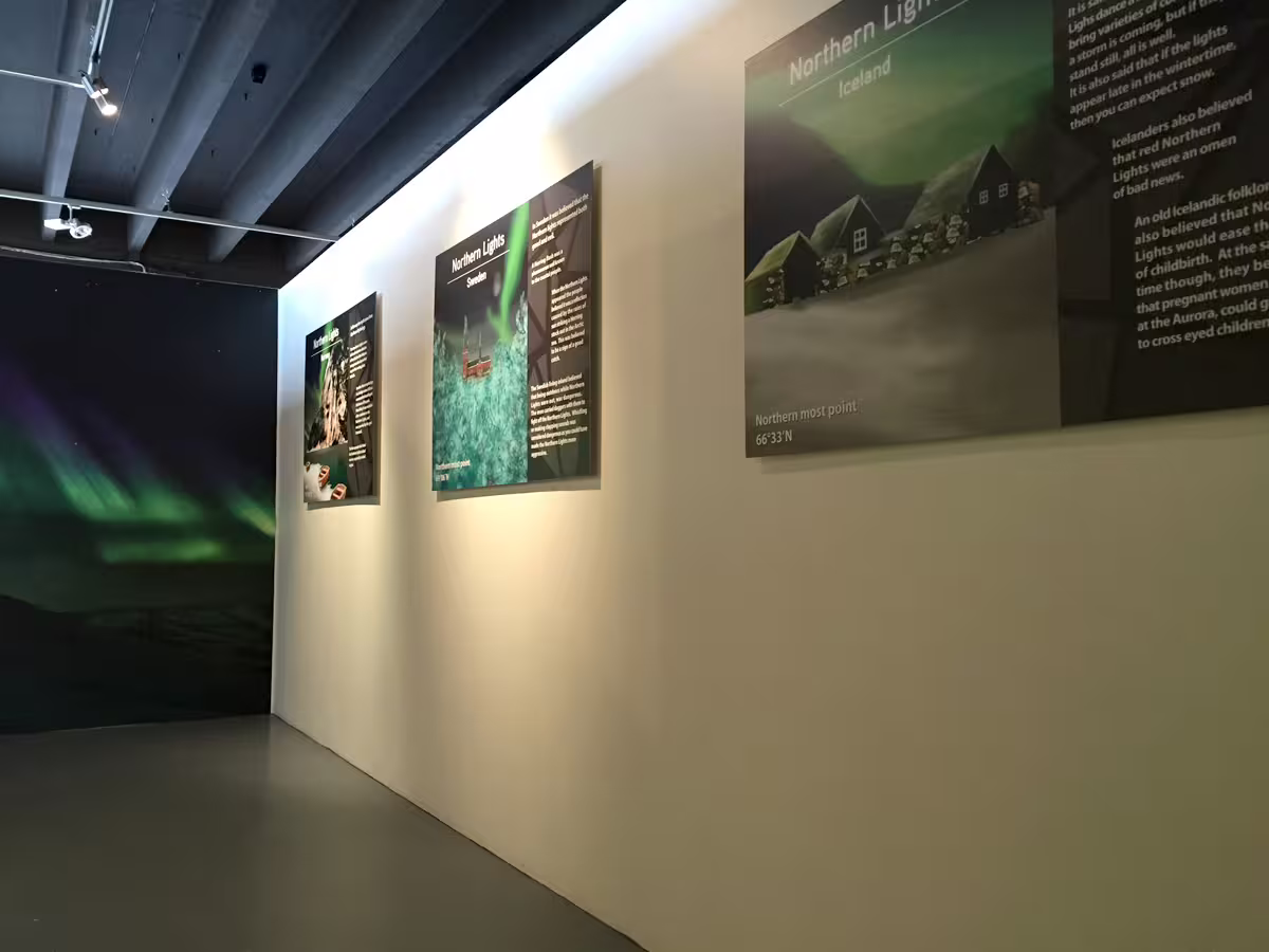 Northern Lights exhibition gallery in Reykjavik with Iceland and Sweden aurora borealis display panels