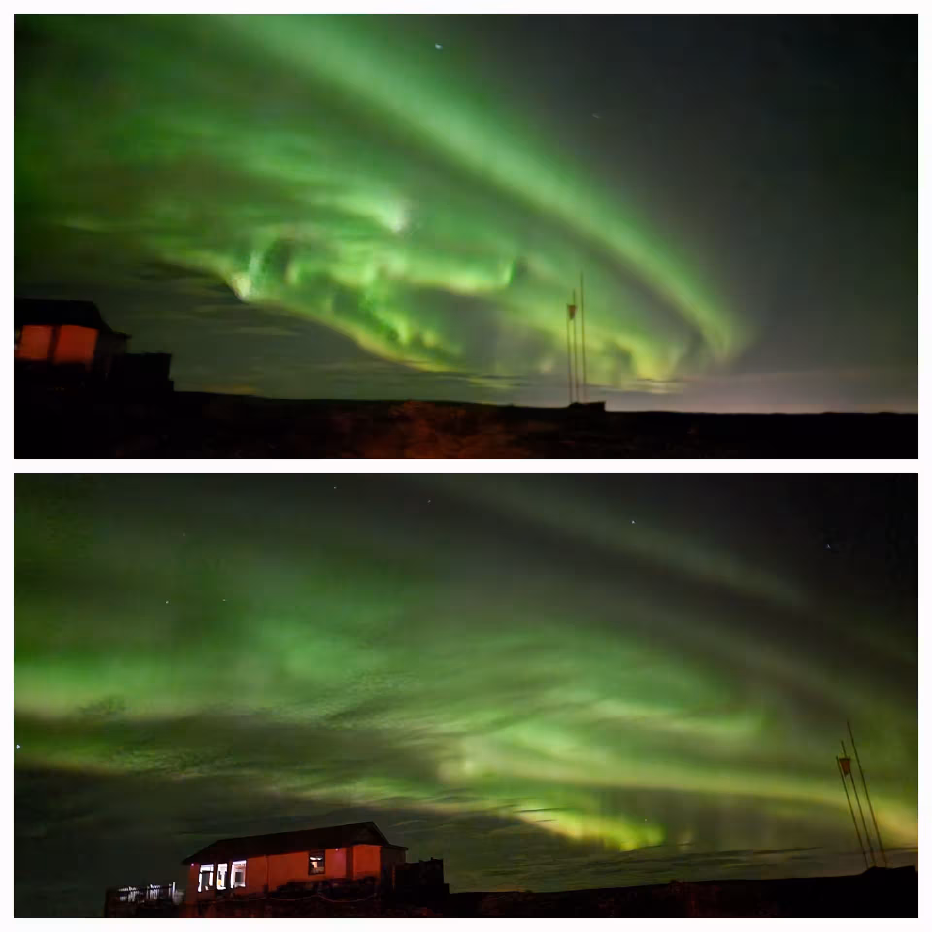 Vivid green northern lights aurora borealis swirling over a red building in Iceland night sky