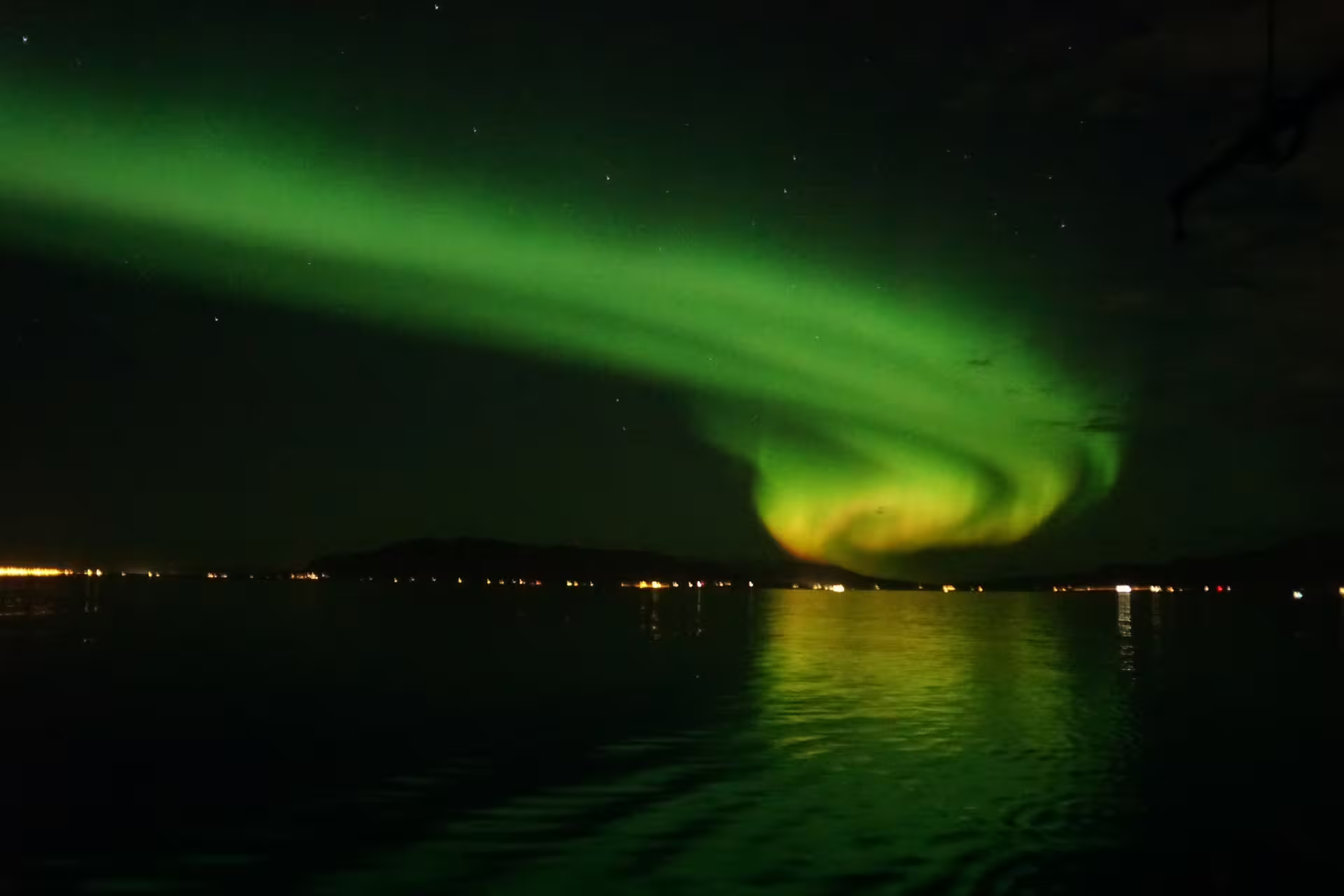 Vivid green aurora borealis swirling over calm Reykjavik waters at night