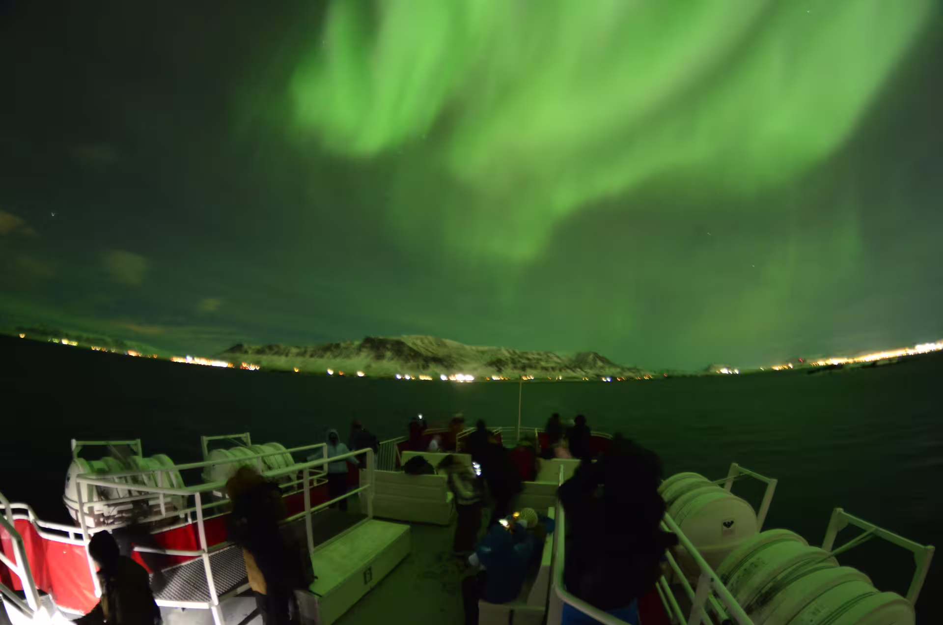 Tourists on boat deck watching vivid green northern lights aurora over Reykjavik Bay at night