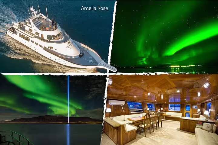 Amelia Rose yacht cruise boat with northern lights aurora borealis over Reykjavik Iceland night sky