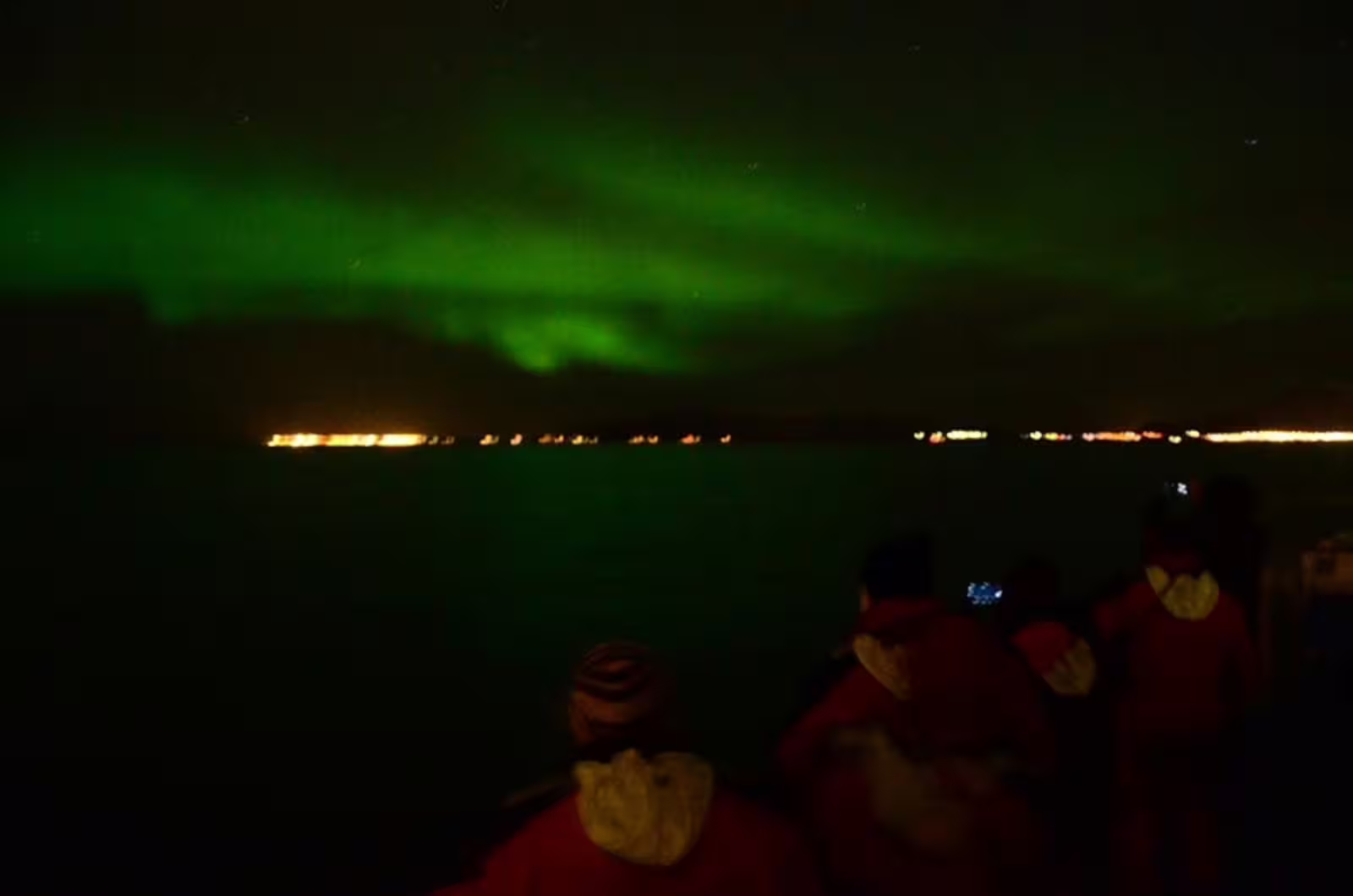 Tourists on a night boat cruise watching vivid green northern lights over Reykjavik harbor