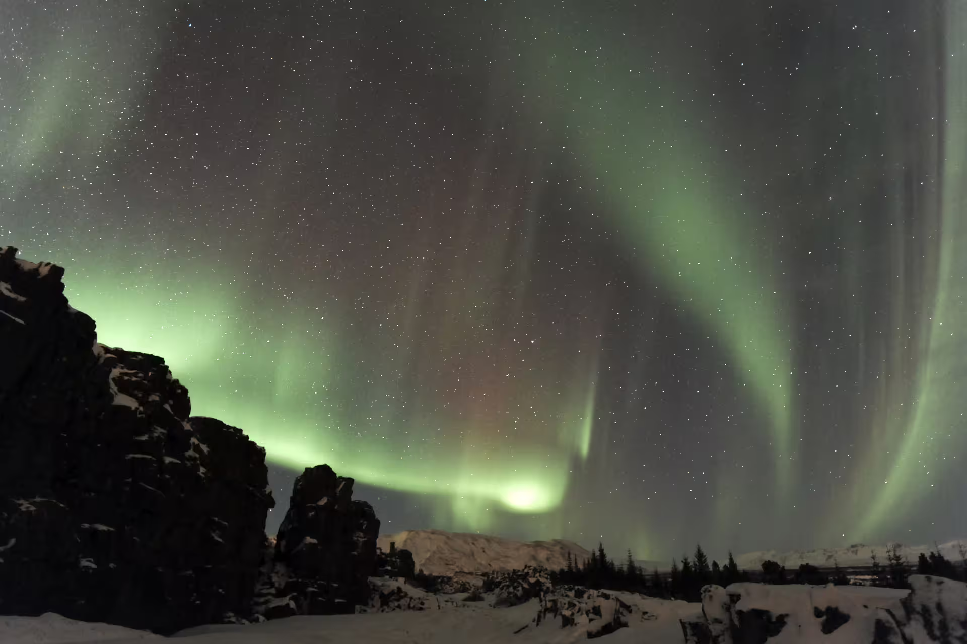 Aurora borealis dancing over snowy Icelandic landscape with rocky cliffs and pine trees at night