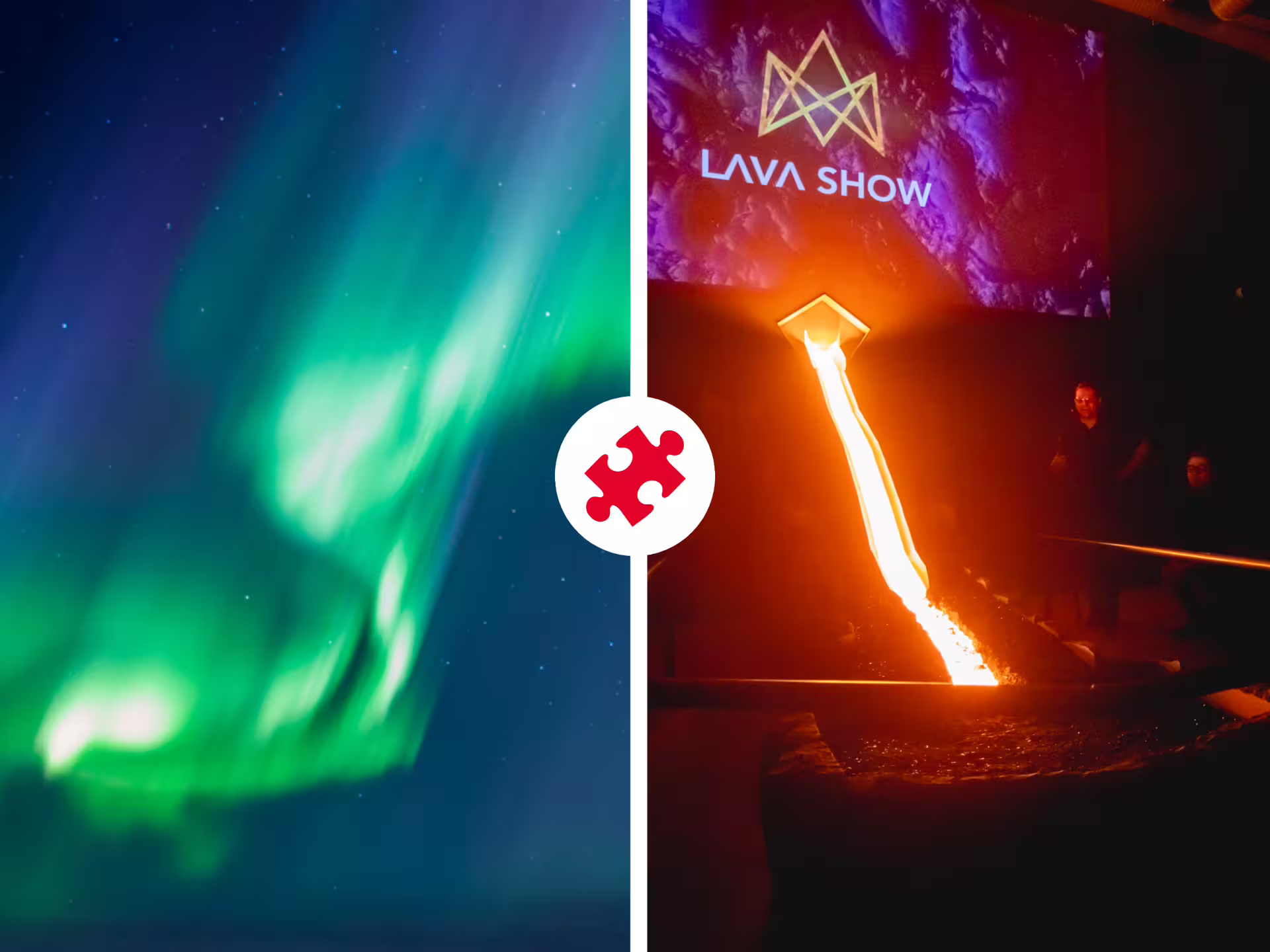 Northern lights aurora borealis and molten lava pouring at Lava Show combo tour Iceland