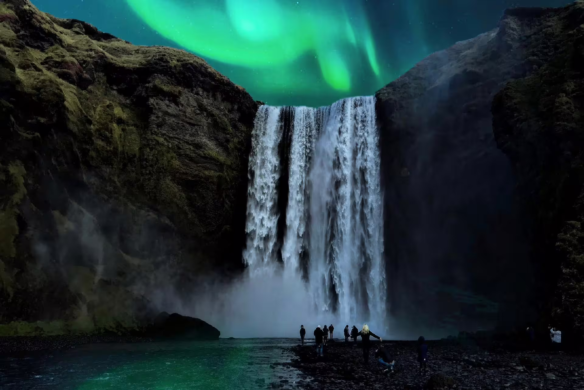 Visitors watching vibrant northern lights aurora borealis dance over Skogafoss waterfall on a private 5-hour Iceland night tour.