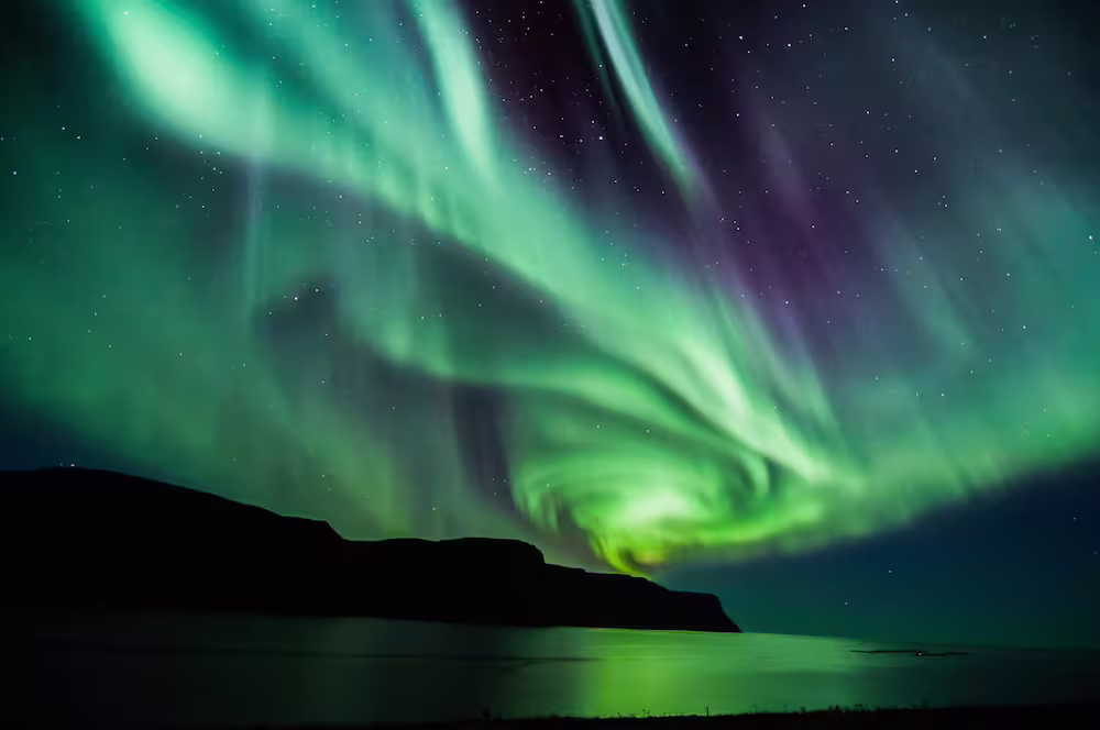 Vivid green and purple northern lights swirling over a coastal cliff in South Iceland at night