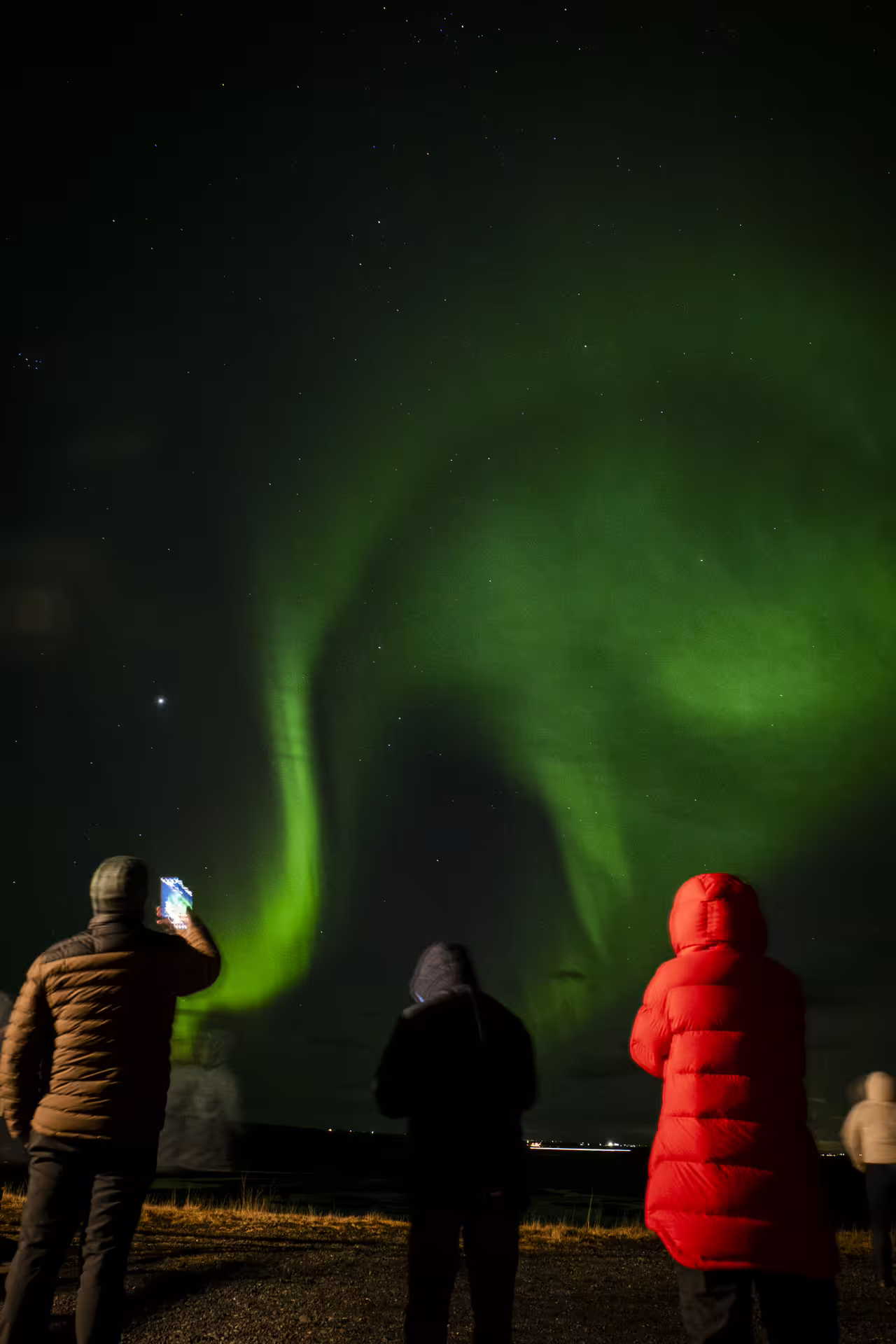 Tourists watching vibrant green northern lights aurora borealis in Iceland night sky from Reykjavik