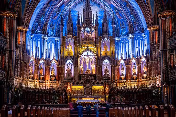 Illuminated Notre-Dame choir and altar with statues, Paris cathedral interior on ND WALKING Tour 2 EN