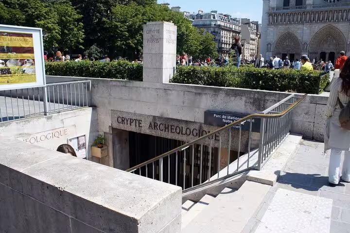Entrance to Crypte Archéologique beneath Notre Dame Cathedral forecourt in Paris