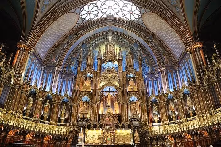 Stunning gilded Gothic interior altar of Notre Dame Cathedral Paris with vaulted ceiling architecture