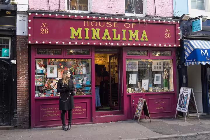 Vibrant storefront of House of MinaLima in Notting Hill, showcasing unique art and design on a London private tour.