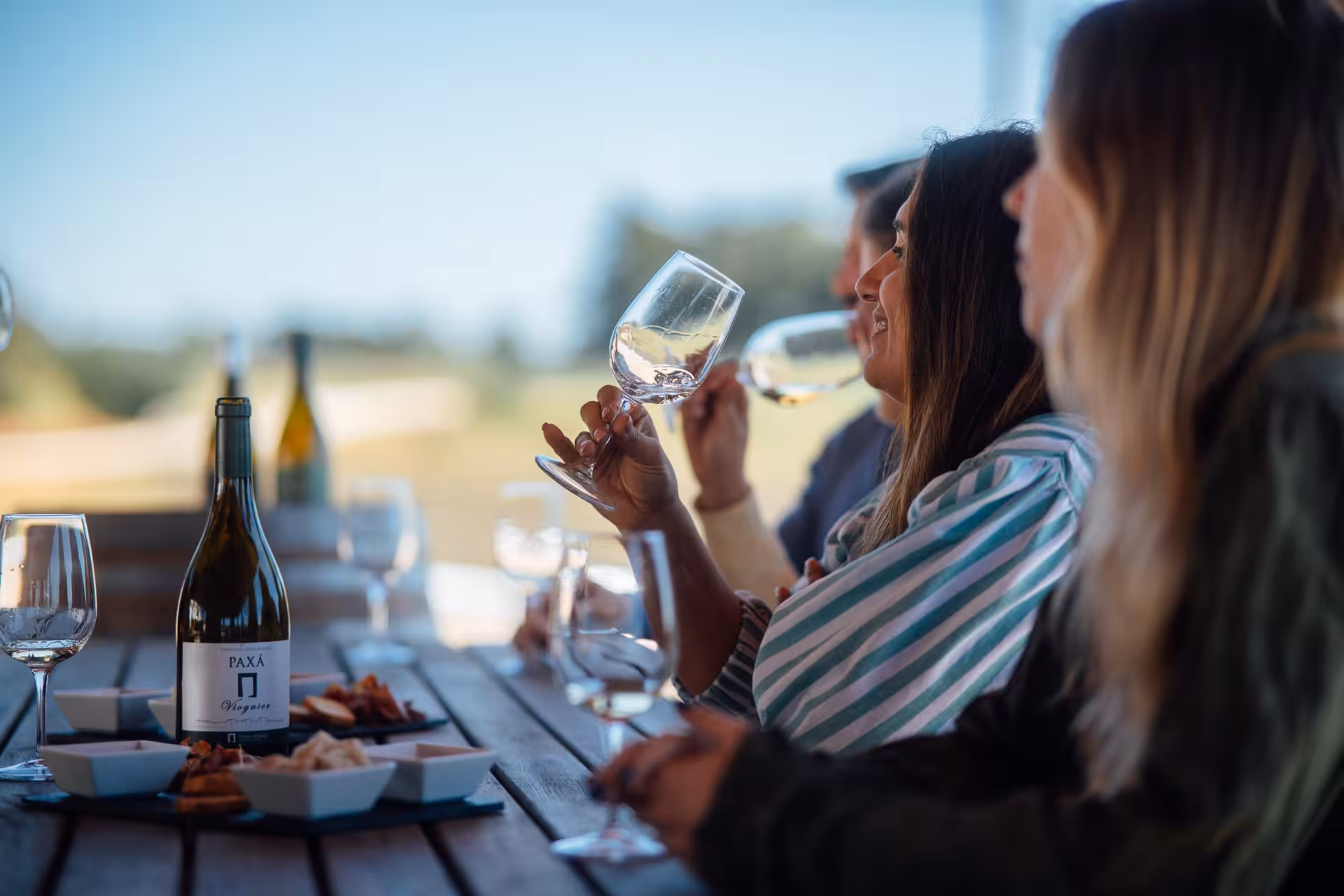 Guests enjoy Núr Paxá superior wine tasting with local snacks on a sunny vineyard terrace in Algarve