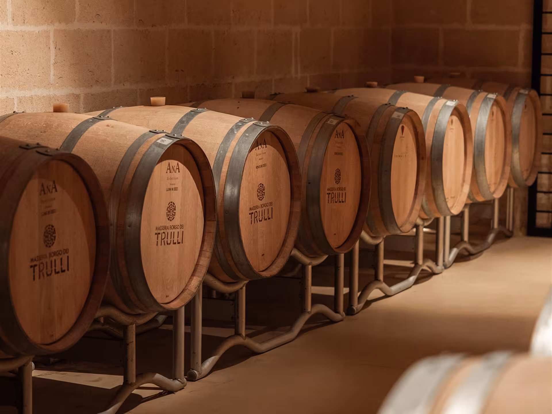 Row of oak barrels aging wine at a Masseria winery near Taranto, offering a glimpse into the winemaking process.