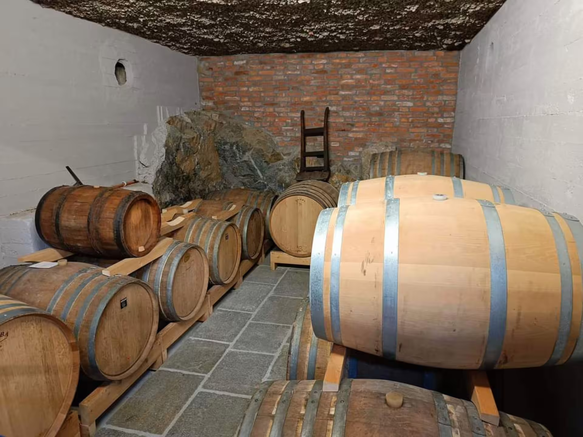Oak barrels aging vermouth in a rustic distillery cellar near Turin, perfect for a unique spirits tasting experience.