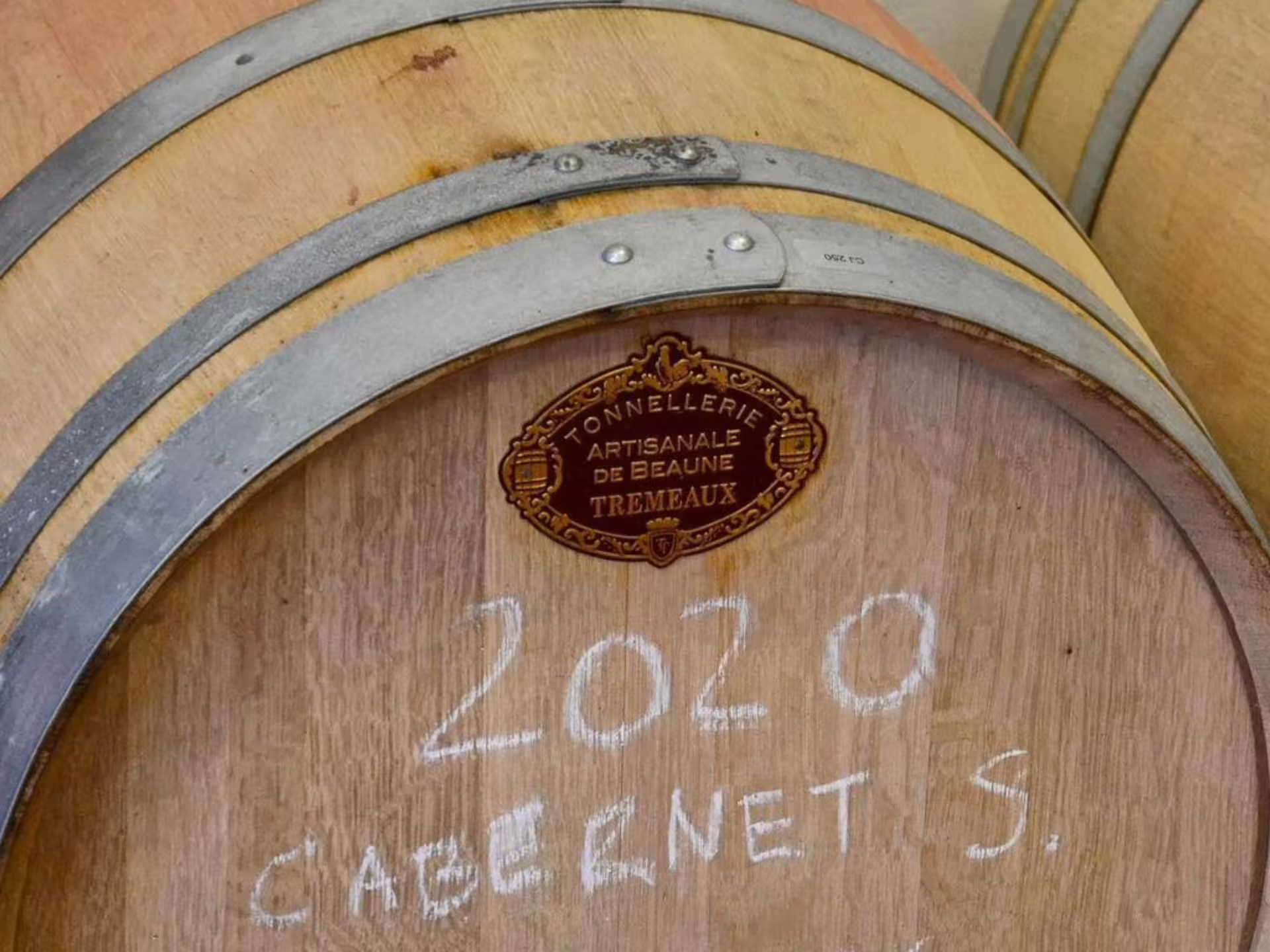 Close-up of oak wine barrel marked 2020 in cellar, Bologna boutique winery tour with guided tasting