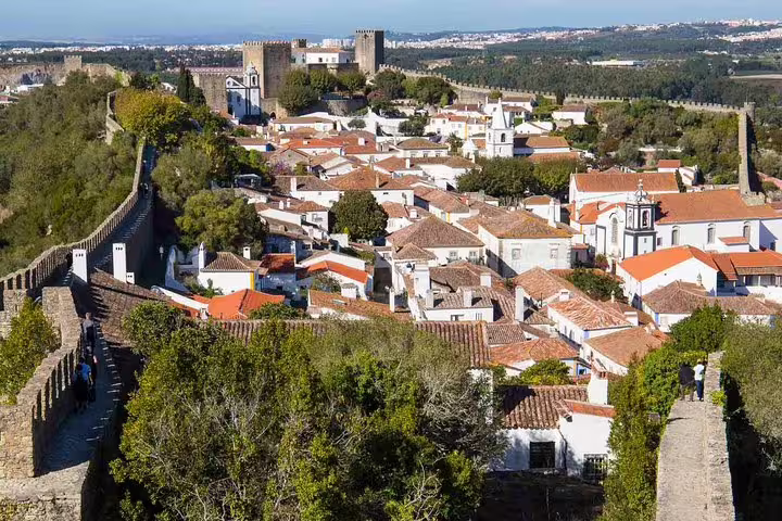 Scenic view of Óbidos village, featuring medieval architecture and fortified walls, highlighted in a private tour of Fatima, Nazareth, and Óbidos. Explore Portugal's historic sites and picturesque landscapes with exclusive private tours.