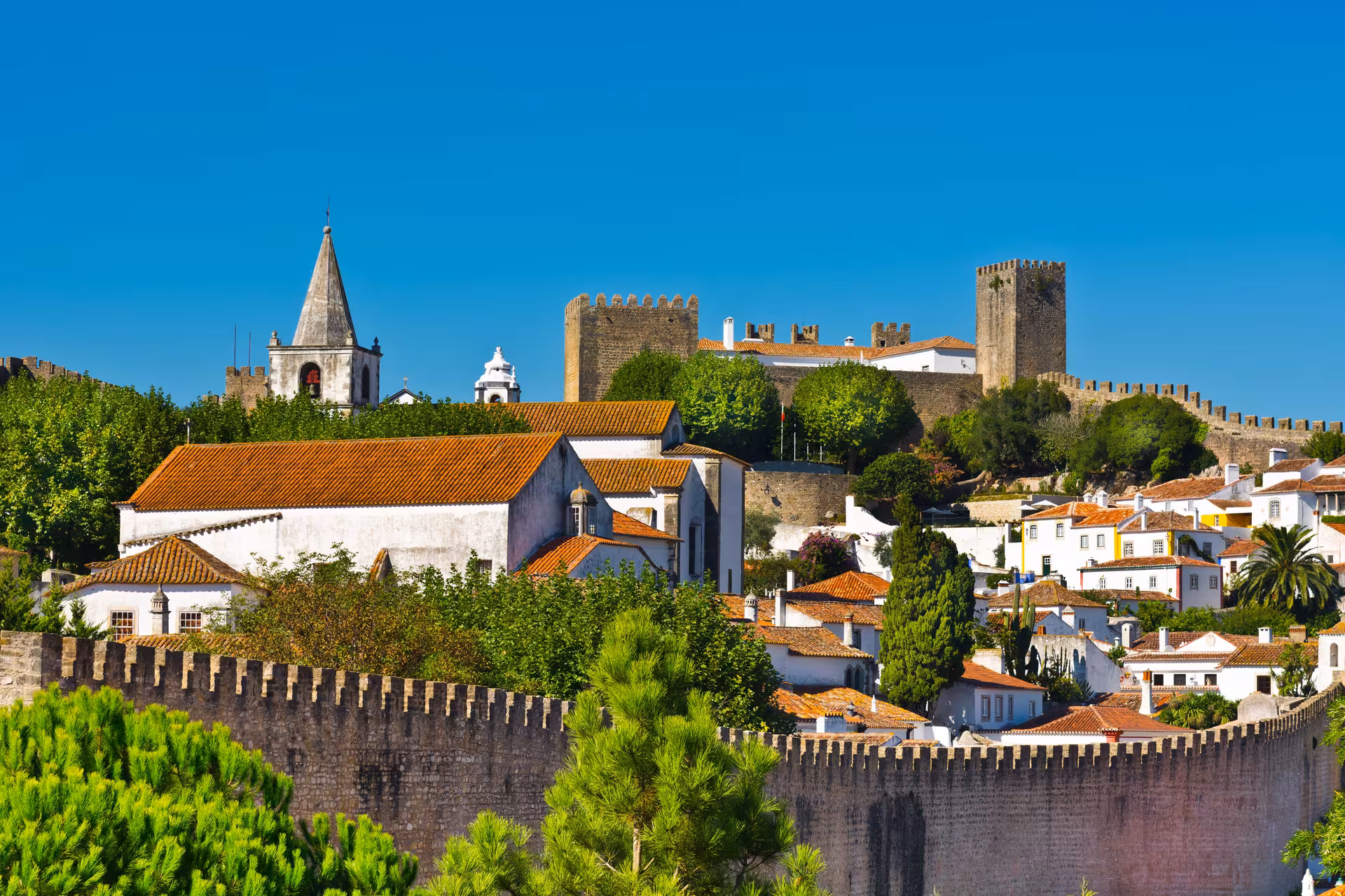 Charming view of Óbidos' medieval walls and historic architecture, a must-see on the Fátima, Nazaré full-day tour.