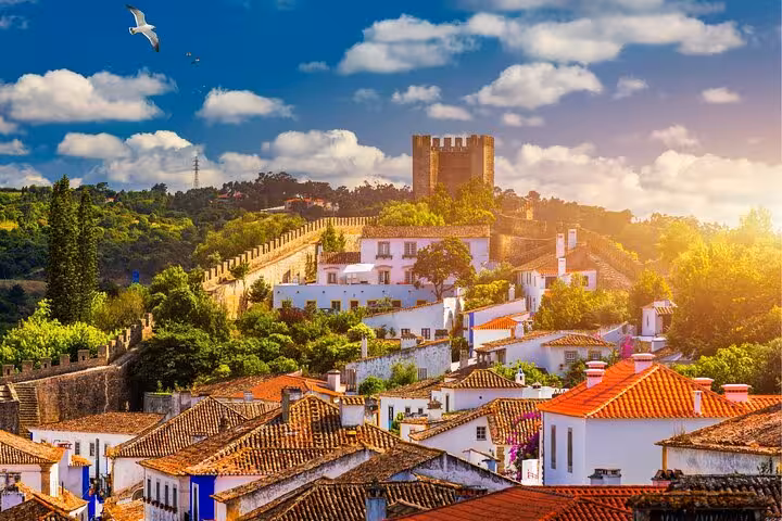 Scenic view of Obidos village, Portugal, showcasing historic castle and rooftops under a vibrant blue sky, perfect for private car tours.