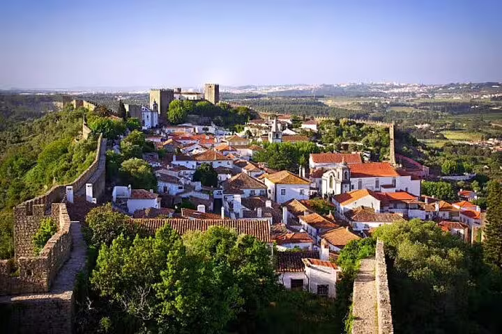 Scenic view of Óbidos village with its charming white houses and historic castle walls set against a lush green landscape.