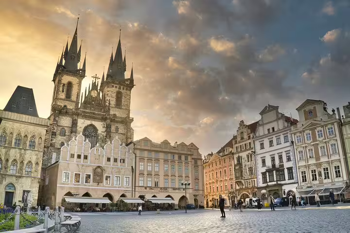 Old Town Square Prague at sunset with Church of Our Lady before Týn, key stop on the e-scavenger hunt tour