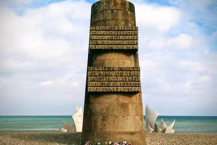 Omaha Beach D-Day memorial monument with Allied Forces inscription, Normandy, France