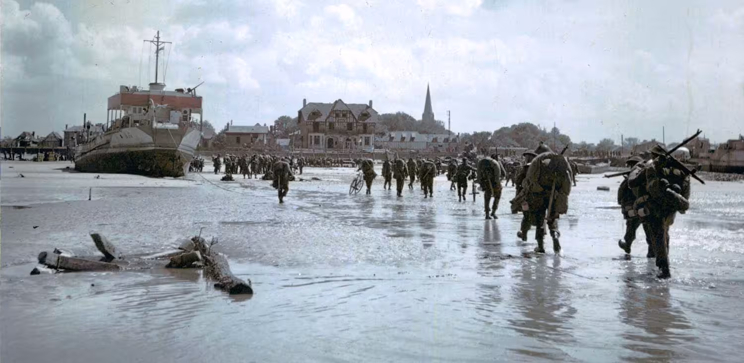 Historic D-Day landing scene on Omaha Beach, Normandy, visited on a private luxury minivan small-group day tour
