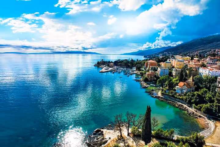 Aerial view of Opatija waterfront and Kvarner Bay, highlight of Zagreb to Opatija Rijeka Trsat tour