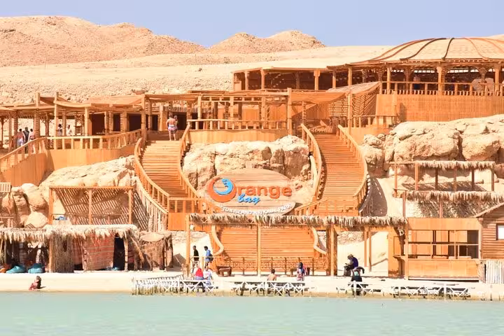 Orange Bay Giftun Island beachfront and wooden terraces, Hurghada boat trip with lunch and snorkeling
