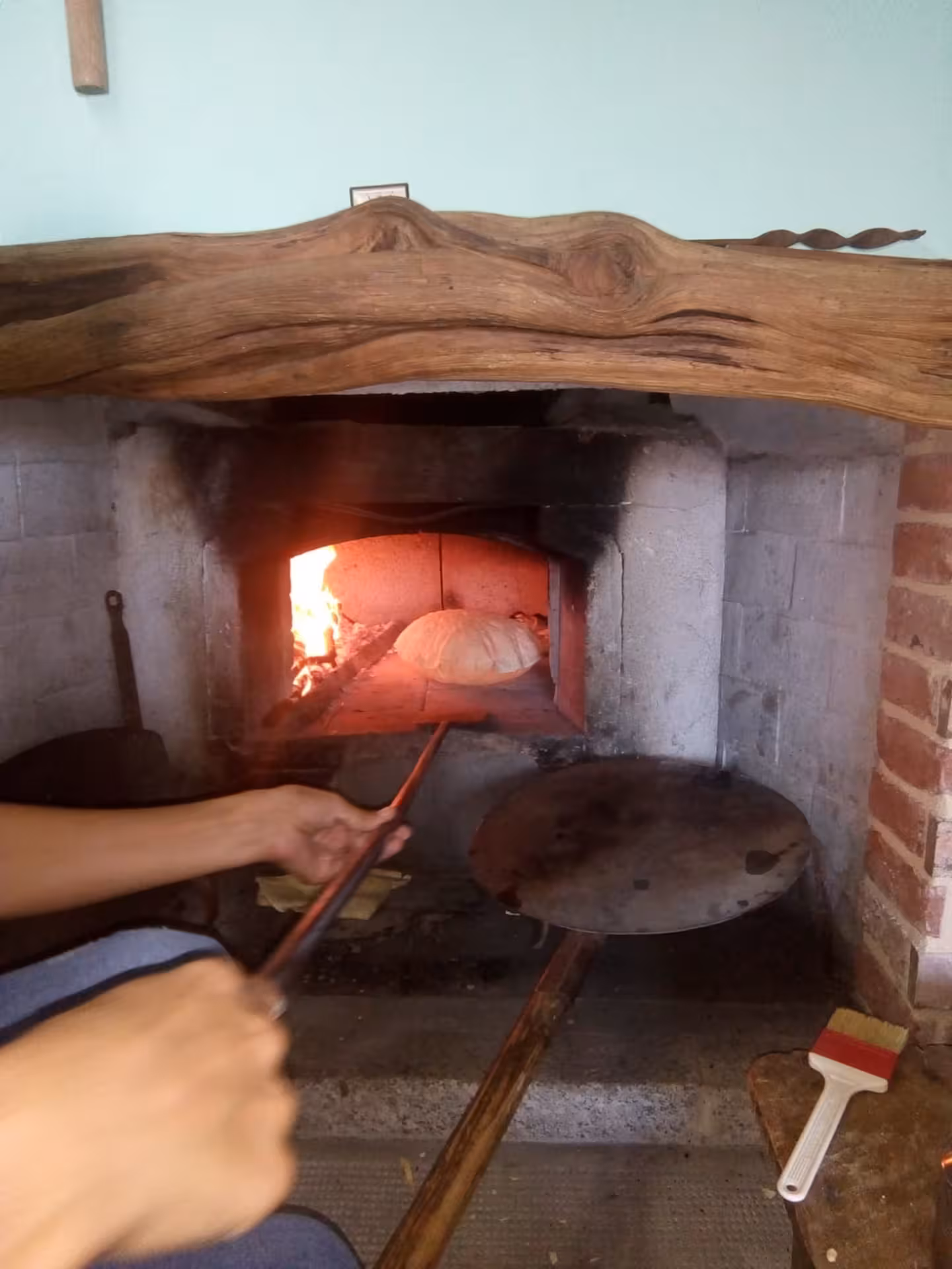 Hands baking carasau bread in a traditional wood-fired oven during Orgosolo workshop tour.