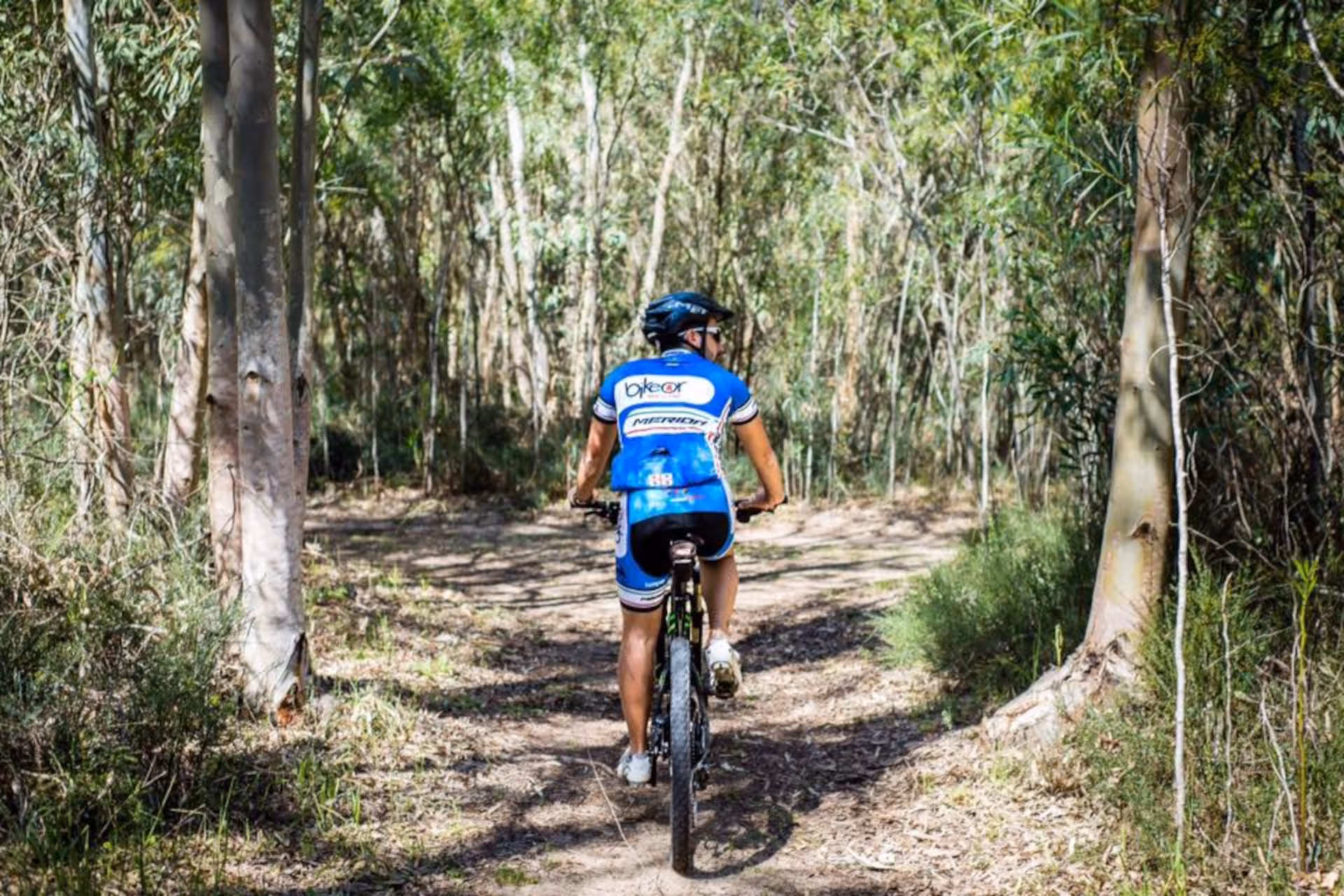 Cyclist navigating a scenic forest trail in Oristano, highlighting the natural beauty of the Torregrande coast tour.