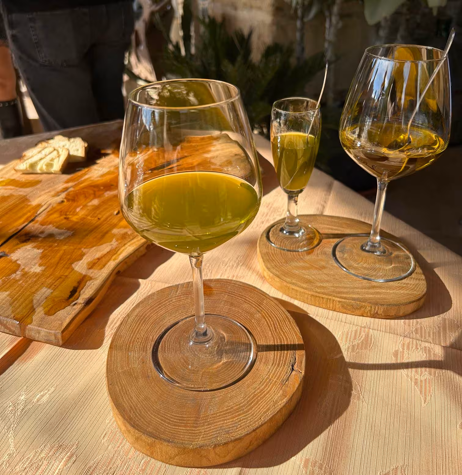 Close-up of glasses filled with fresh olive oil on wooden coasters, ready for tasting at an Oristano farm tour.