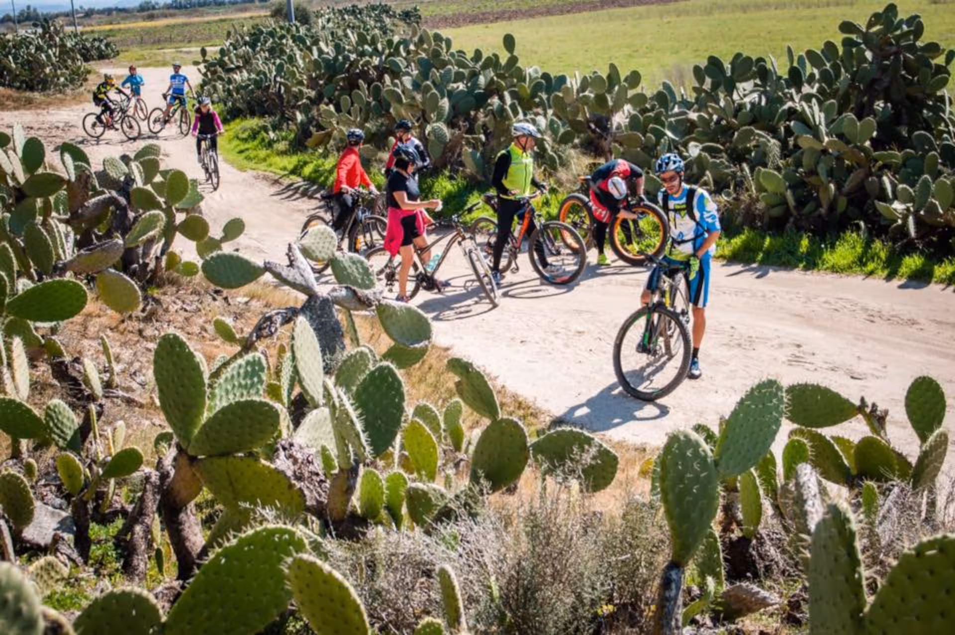 Cyclists pausing on a dirt path surrounded by cactus on the scenic Torregrande Oristano coastal bike tour.