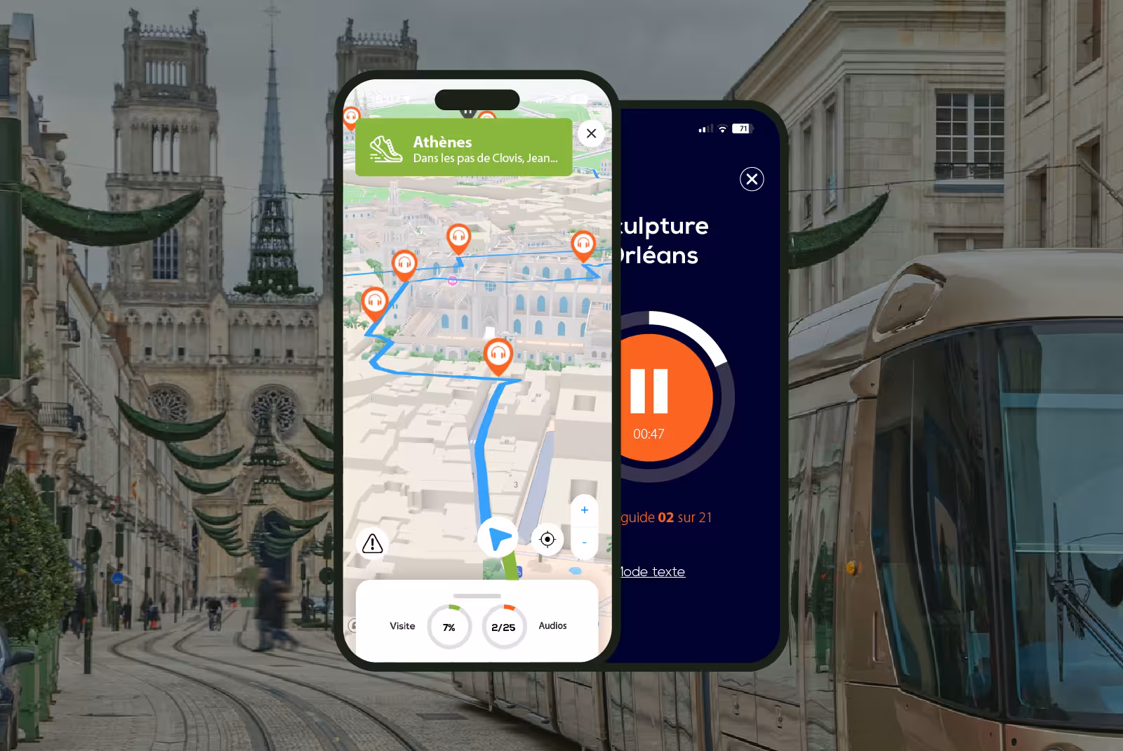Interface application mobile audioguide Orléans sur smartphone.