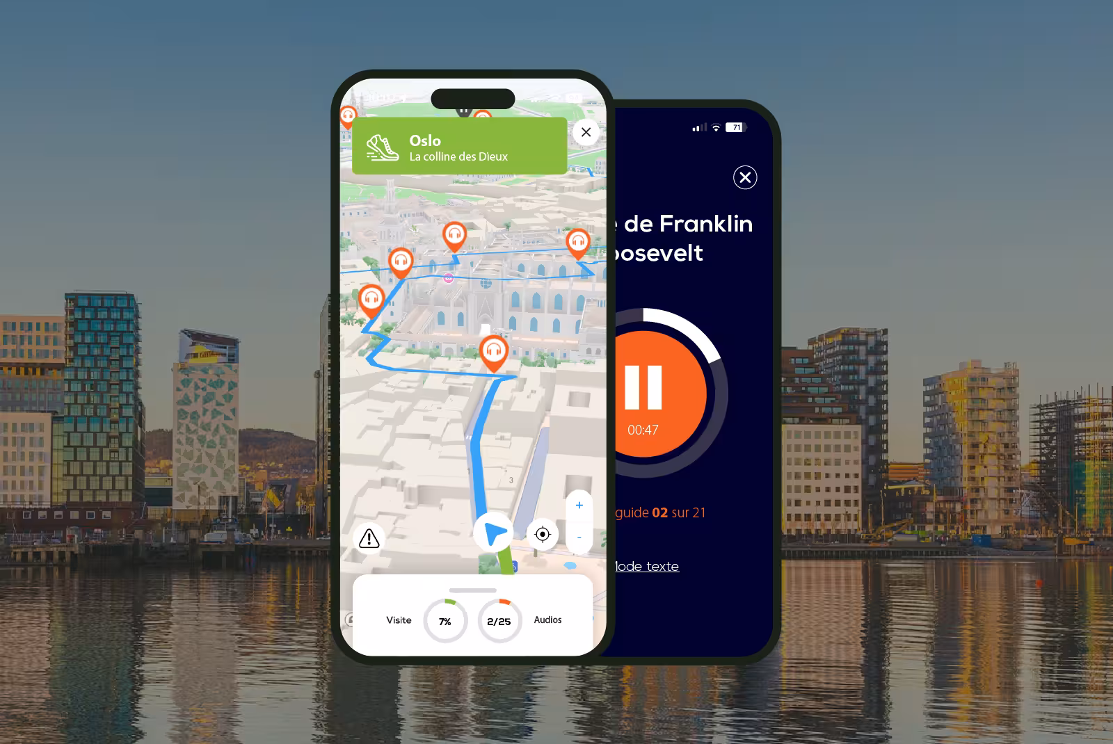 Oslo audioguide mobile application interface on smartphone with the buildings of the Barcode project in the background.