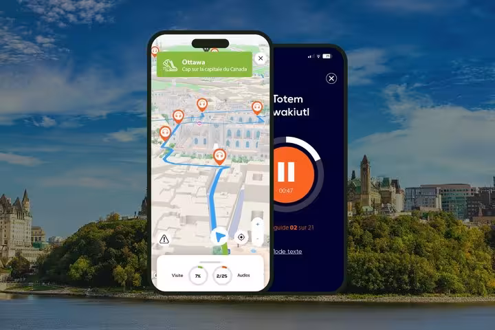 Two smartphones showing Ottawa self-guided audio walking tour app with map navigation and audio guide interface
