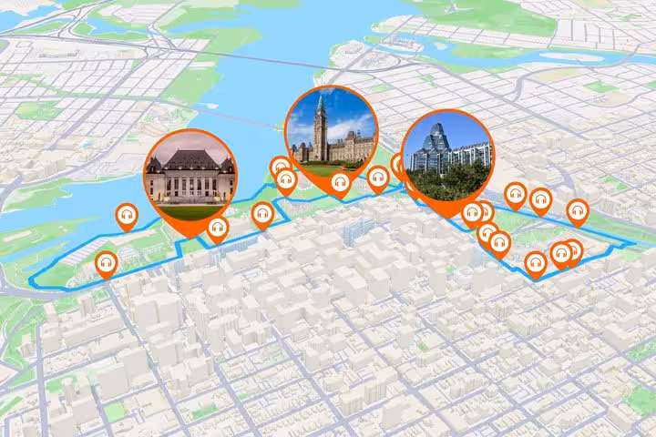 3D map of Ottawa self-guided audio walking tour route with 25 orange stops marking Parliament Hill and landmarks